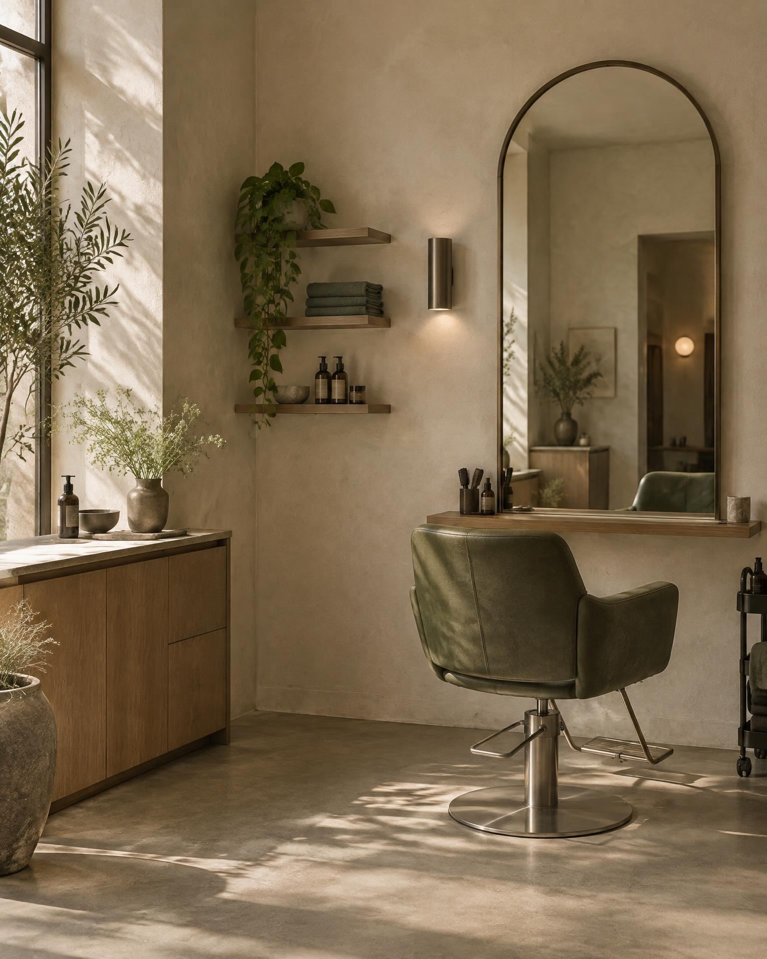 A quiet one-chair salon with an olive chair beneath a tall arched mirror